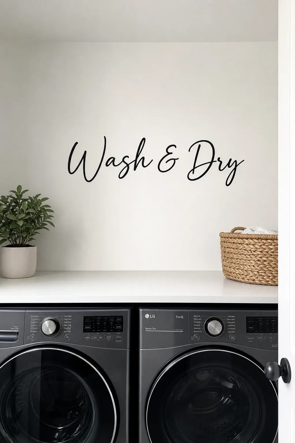 black and white wall decals in a laundry