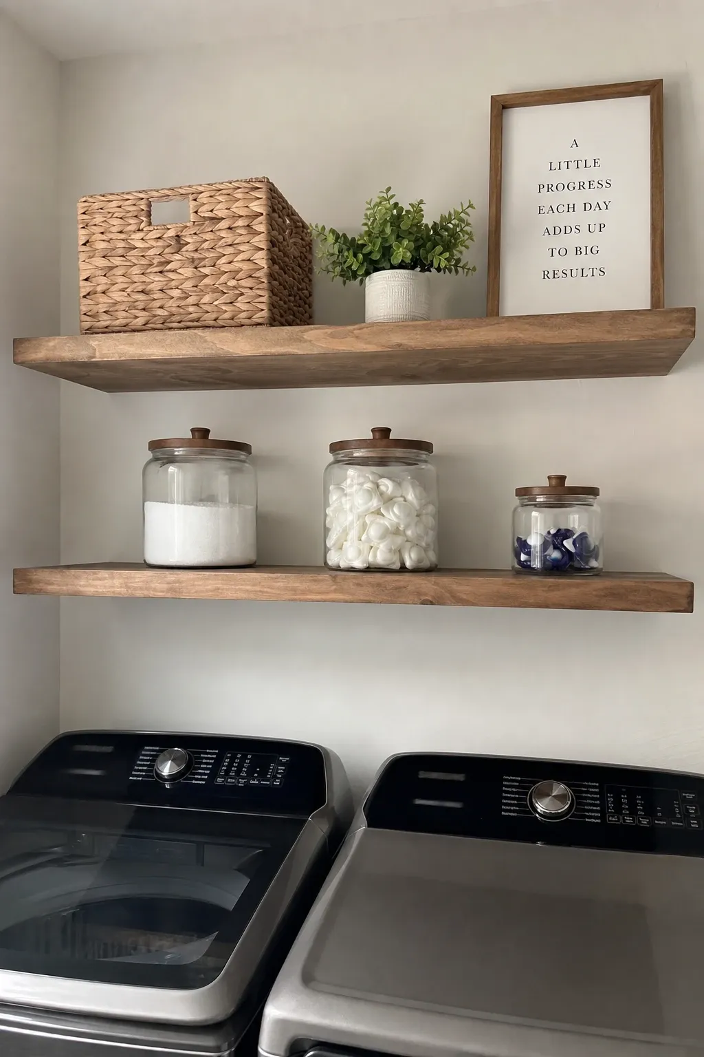 floating shelves with jars and plants in a laundry