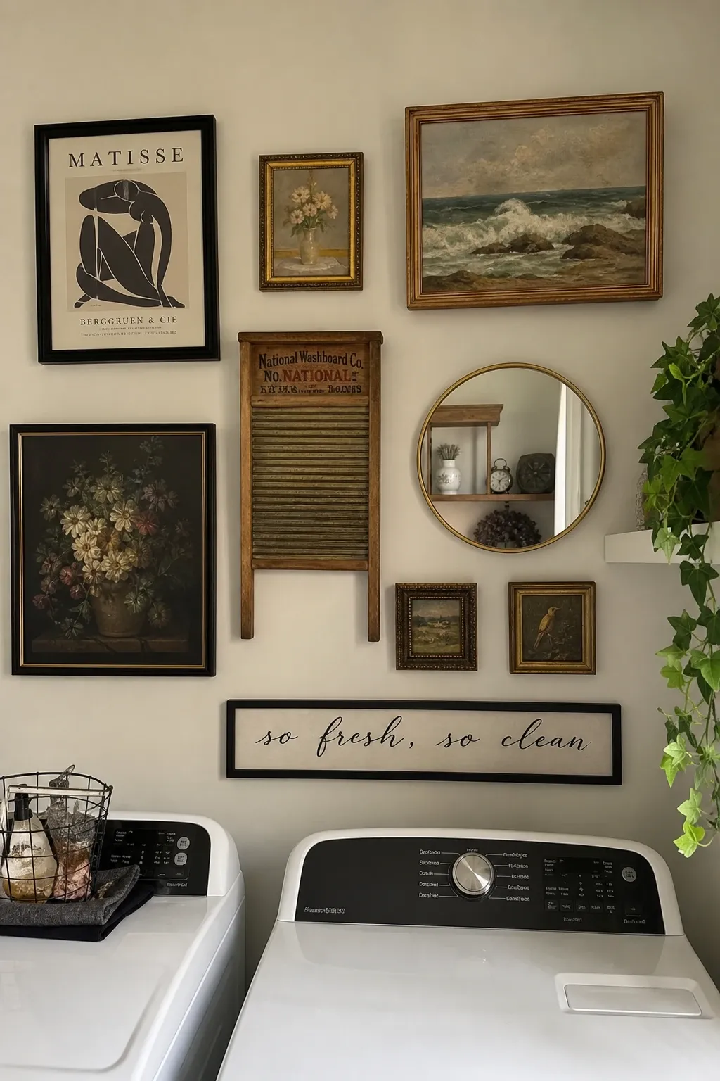 mixed media gallery wall in a laundry