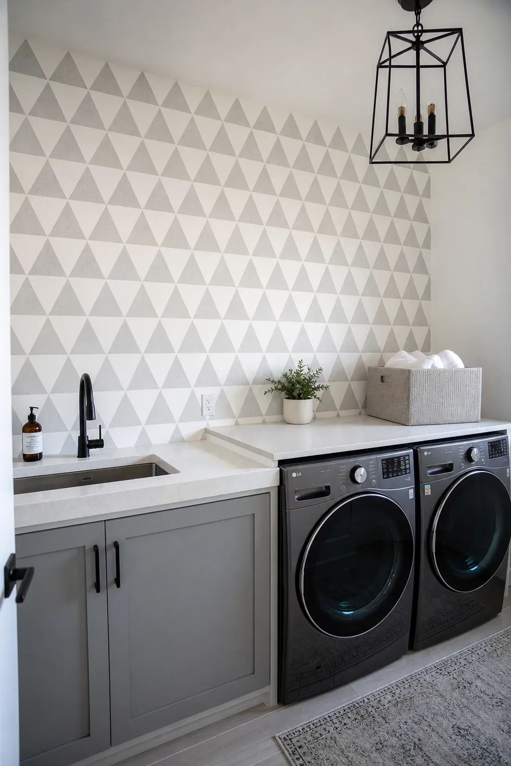 painted geometric accent wall in a laundry