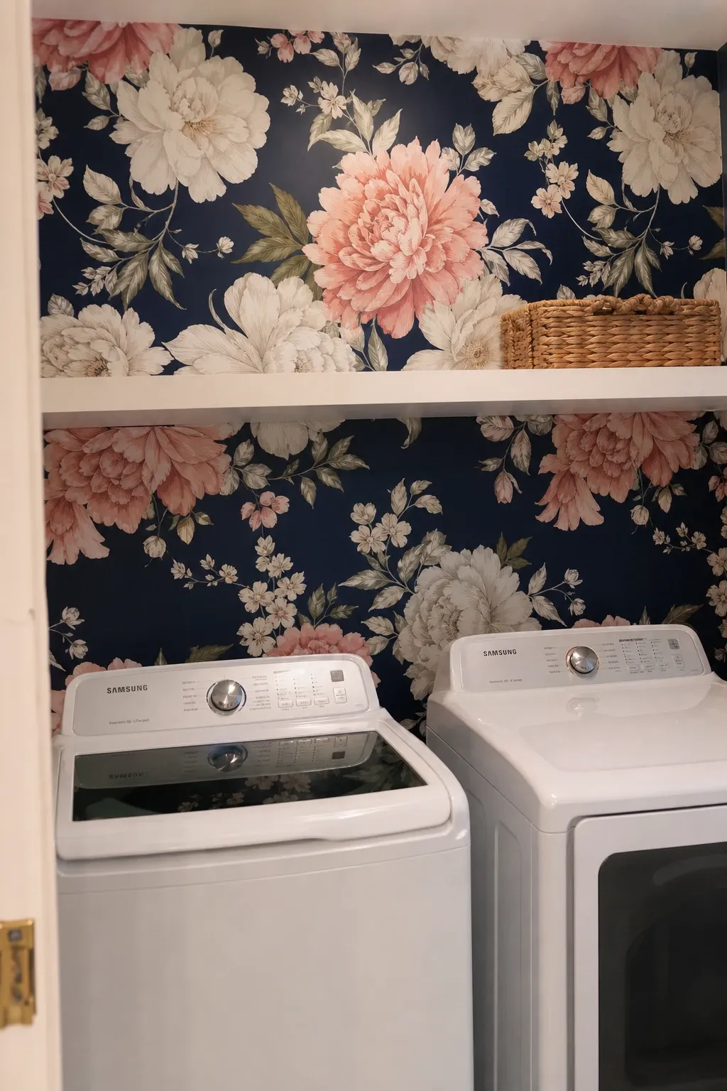 patterned wallpaper in a laundry
