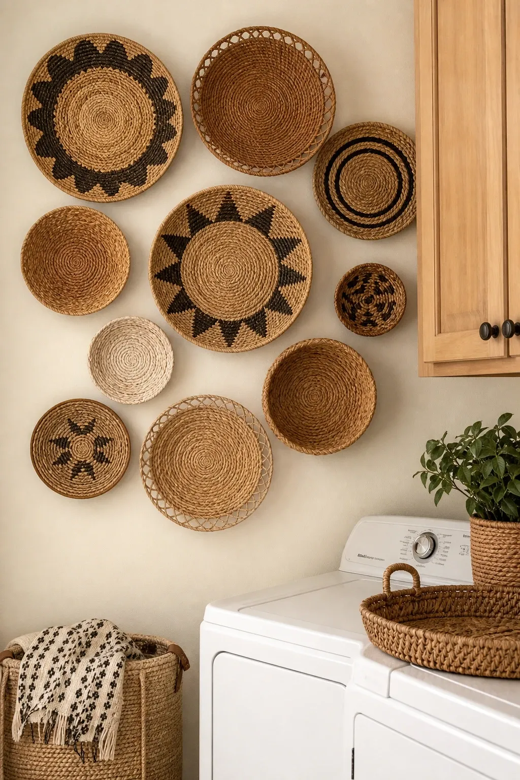 woven baskets on the wall in a laundry
