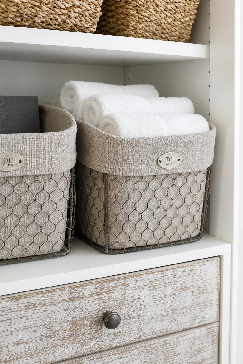 mesh storage baskets in a closet