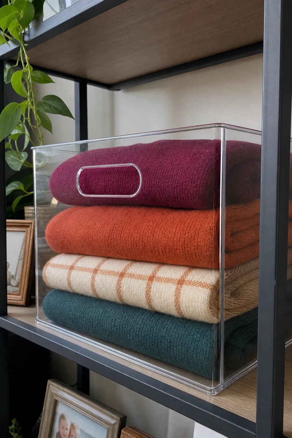 end-of-sofa shelf unit in a living room