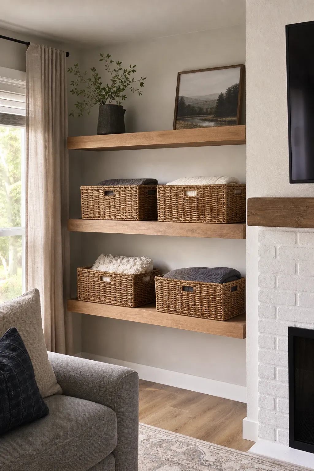 hanging macrame shelf in a living room
