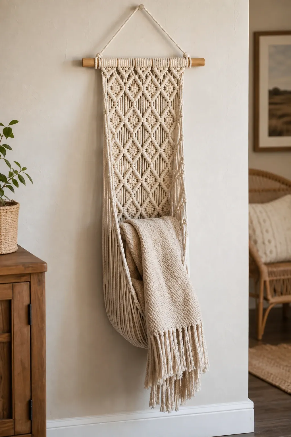 rope basket with handles in a living room