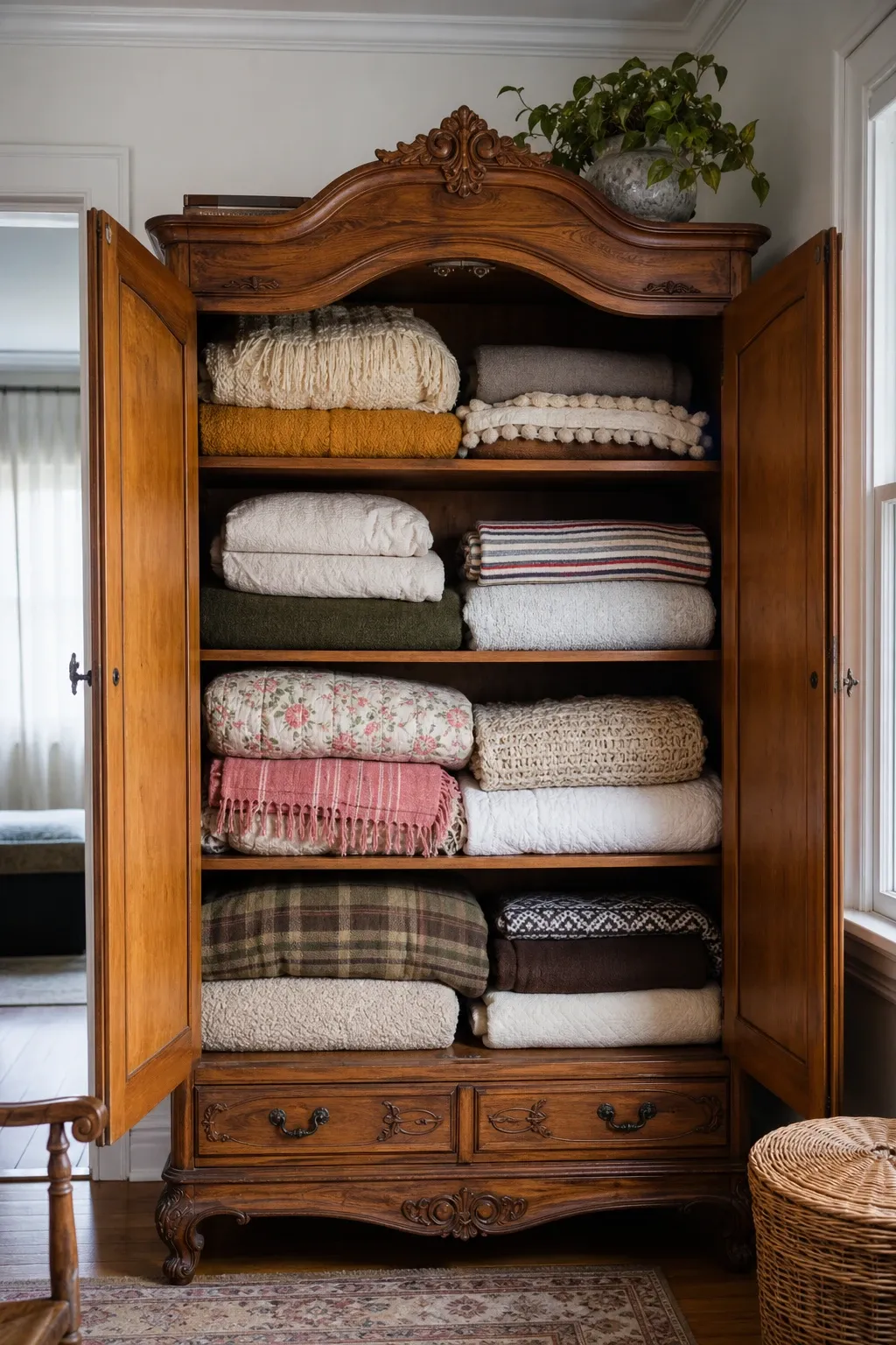 under-console table baskets in a living room