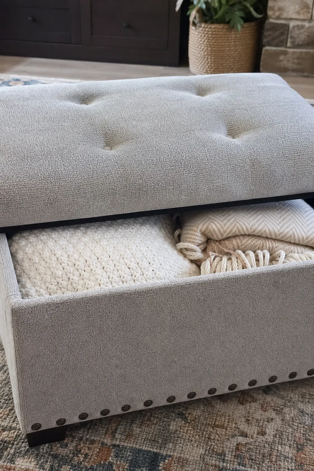 woven belly basket in a living room