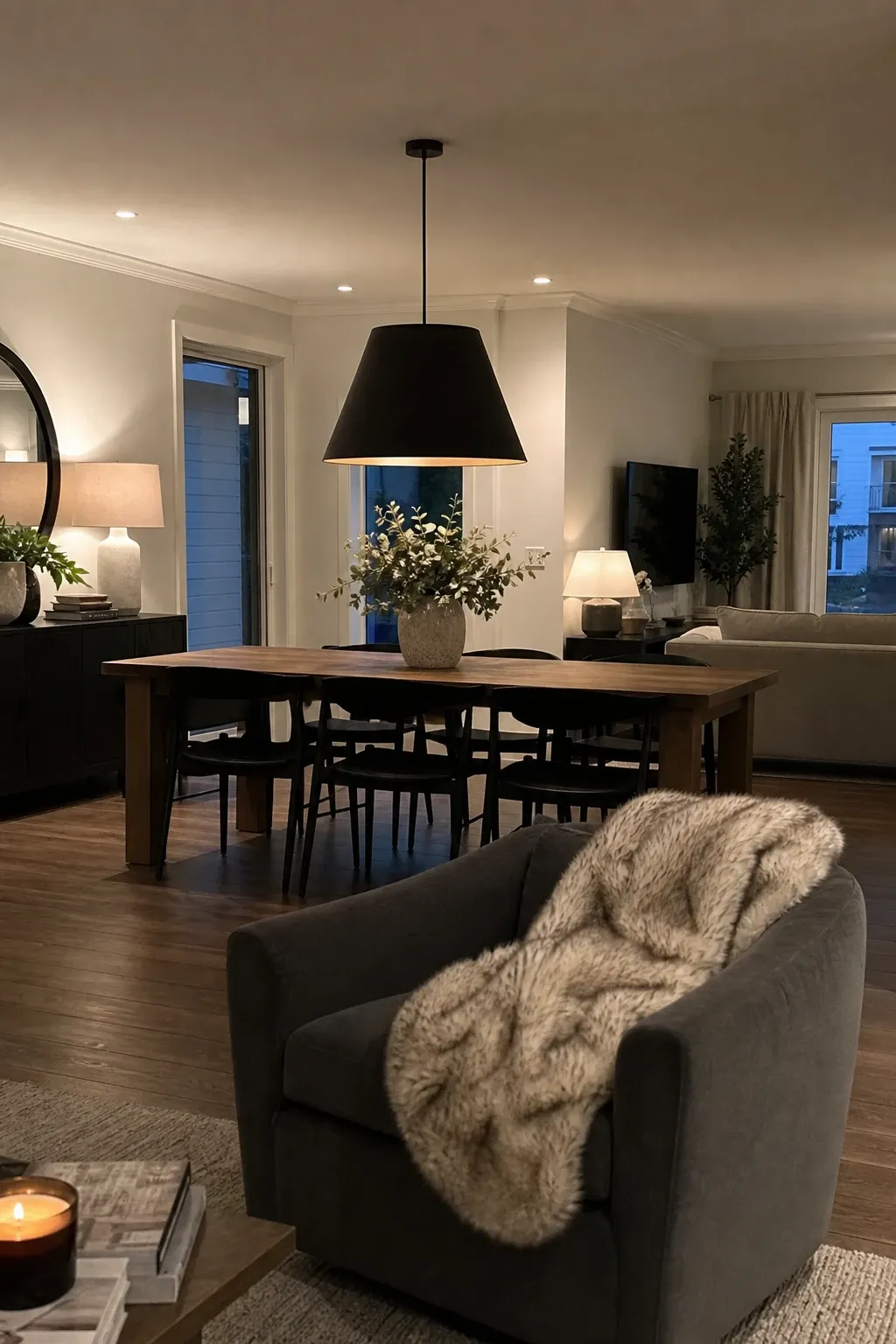 statement pendant over the table in a living room