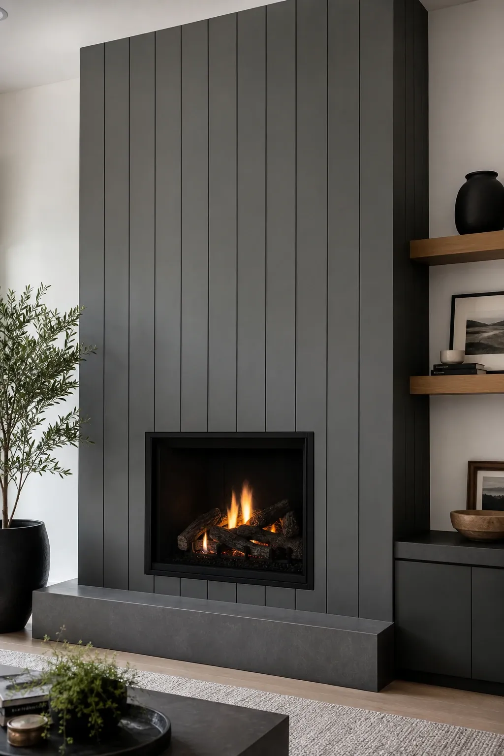 shiplap fireplace wall in a living room