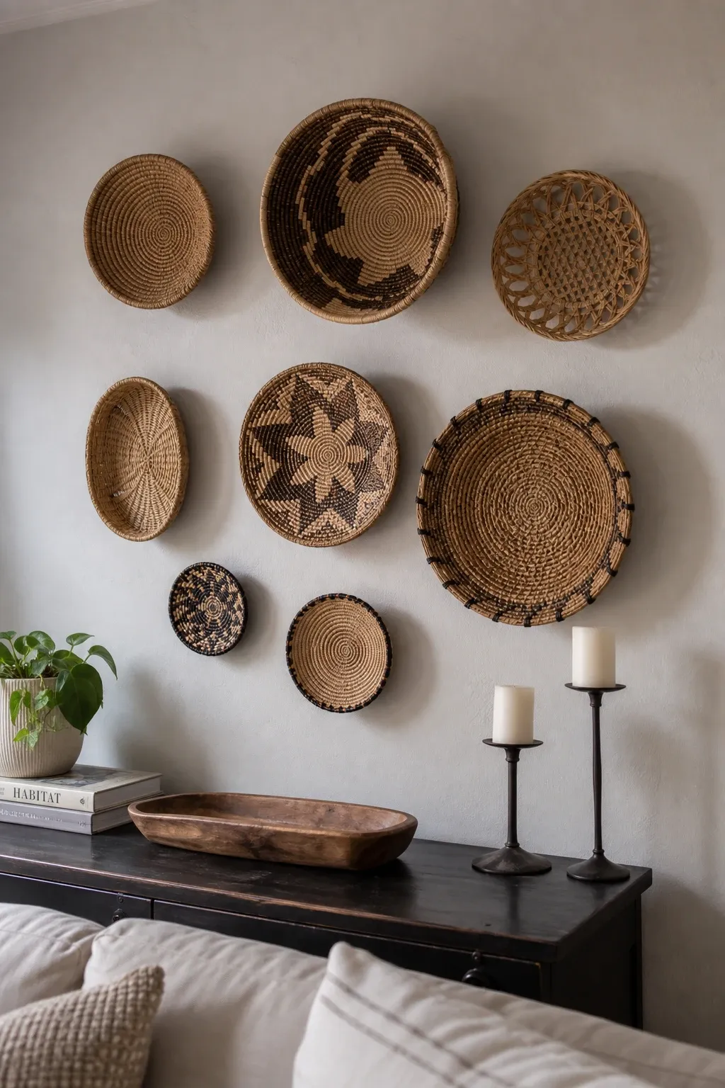 floating shelves with styled objects in a living room