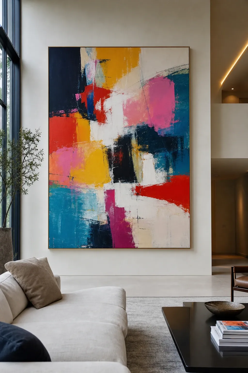 mix or large fabric art in a living room
