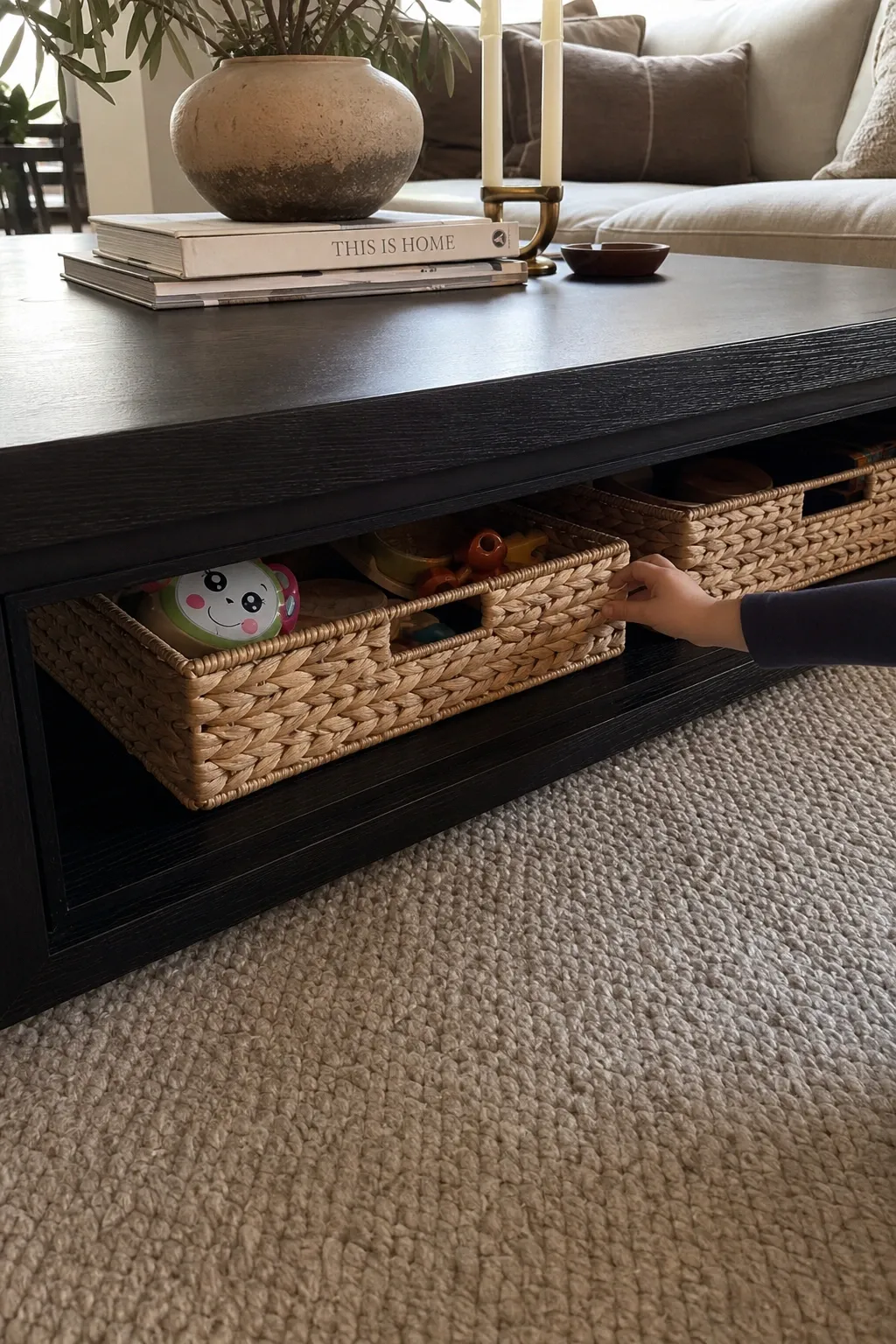 behind-the-sofa console with bins in a living room