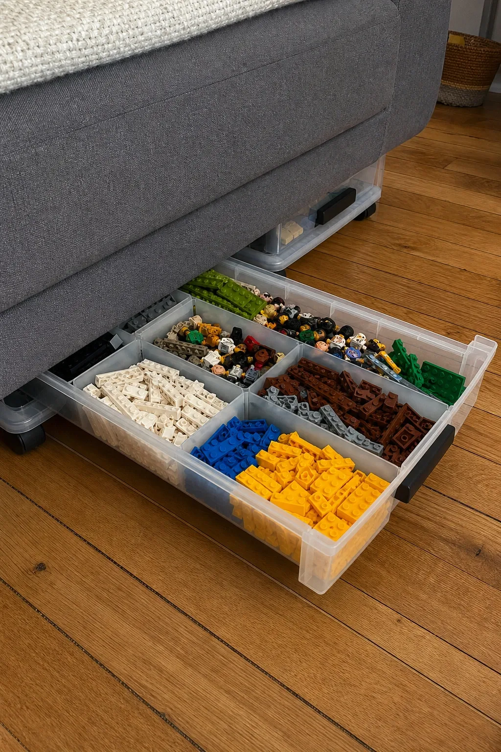 bookshelf with toy-friendly lower shelves in a living room