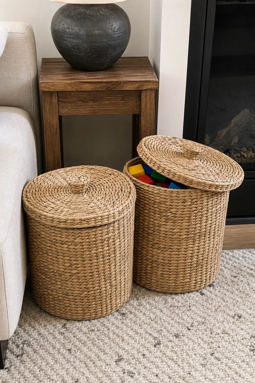 woven baskets in cubbies in a living room