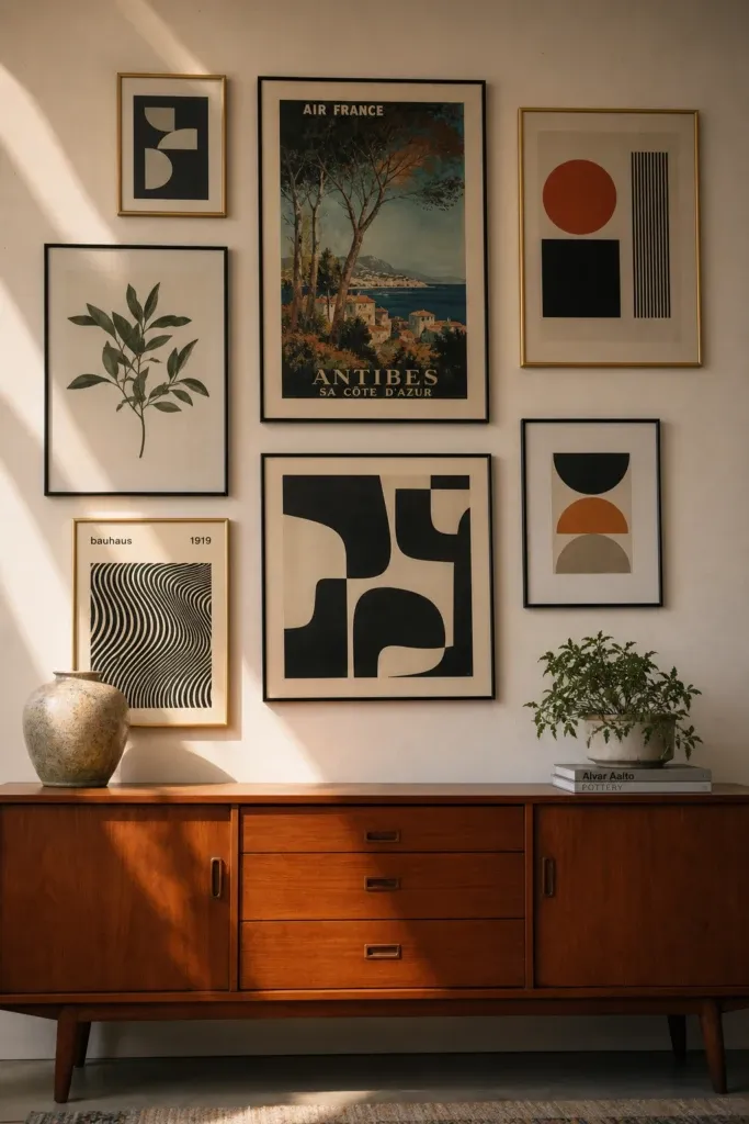 a gallery wall with a vintage art edit in a living room