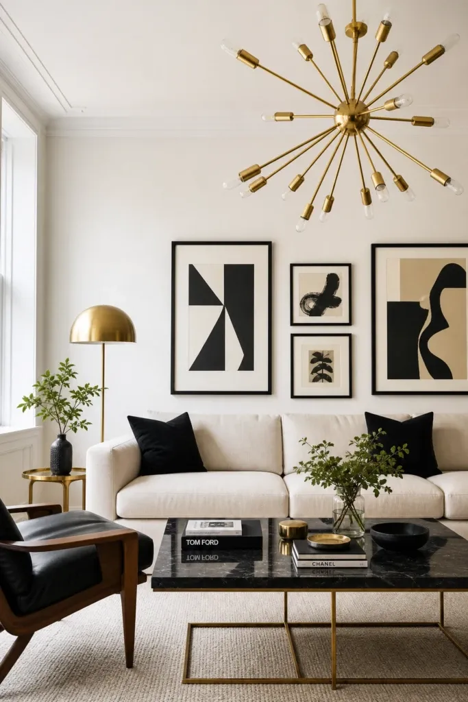 brass and black as a two-tone foundation in a living room