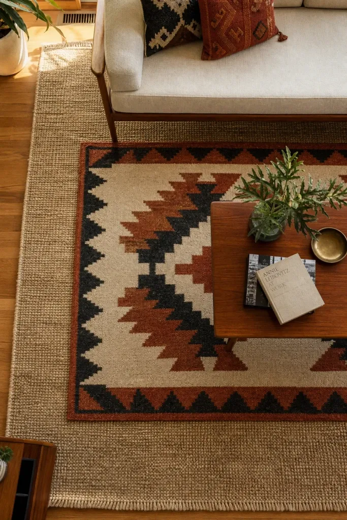 layered rugs for depth and warmth in a living room