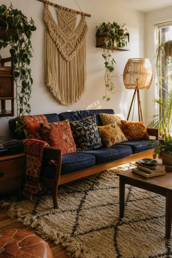mcm meets bohemian: warm, layered, collected in a living room