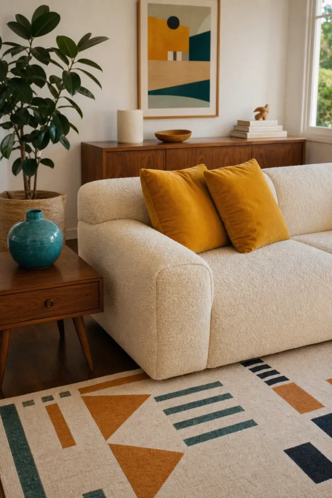 organic color with mustard, teal, and cream in a living room