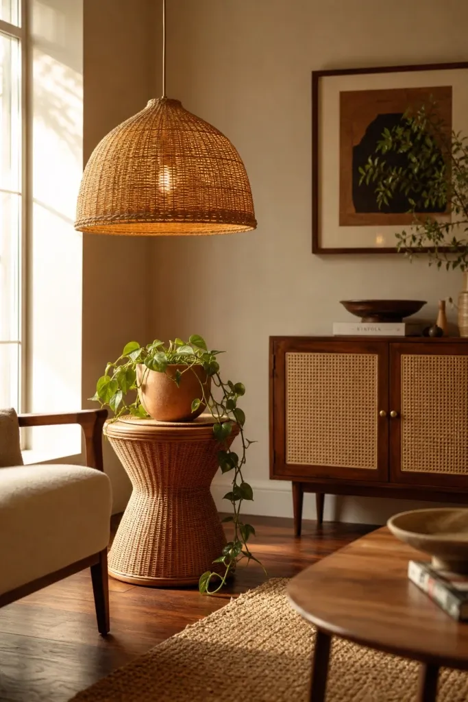 rattan and cane for natural texture in a living room