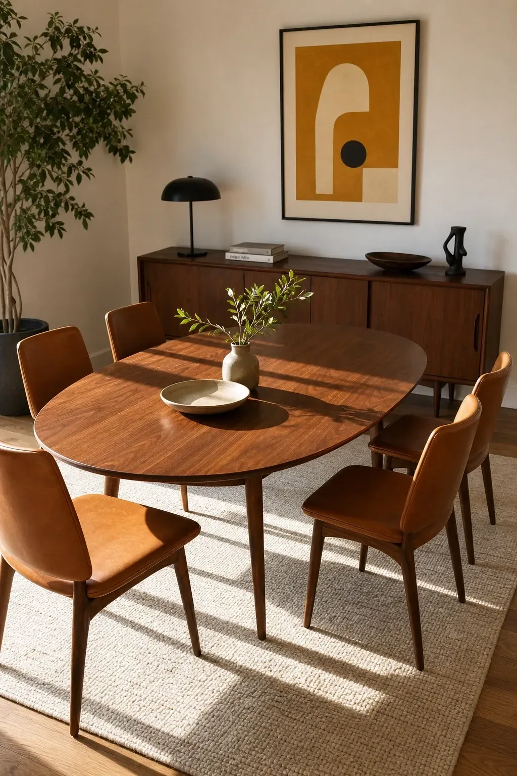 the oval walnut table setup in a dining room