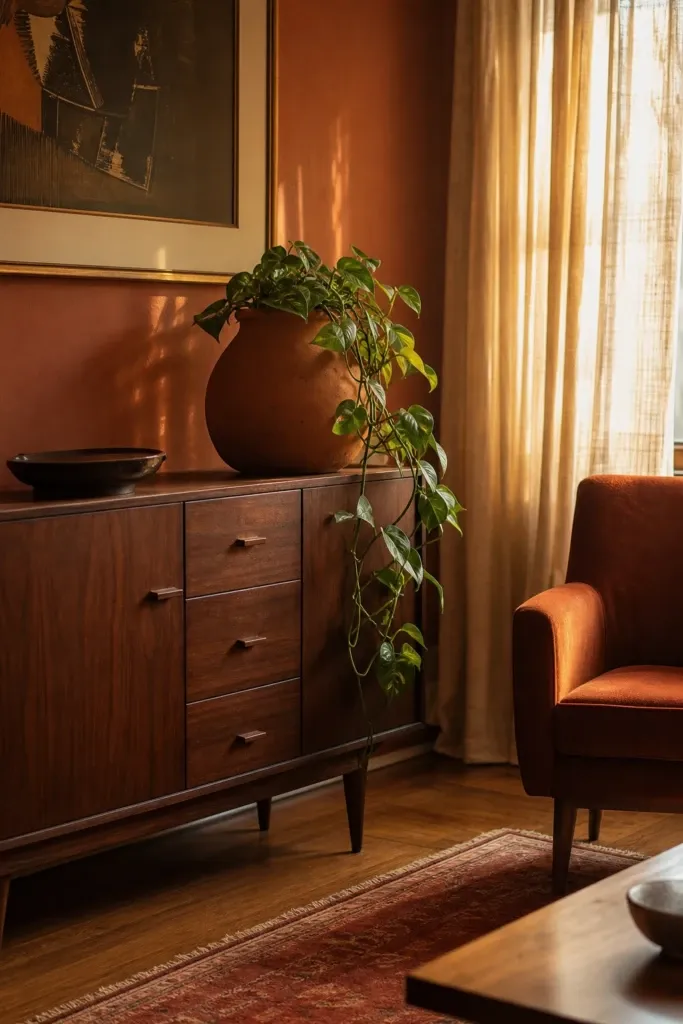 warm earth tones and walnut wood in a living room