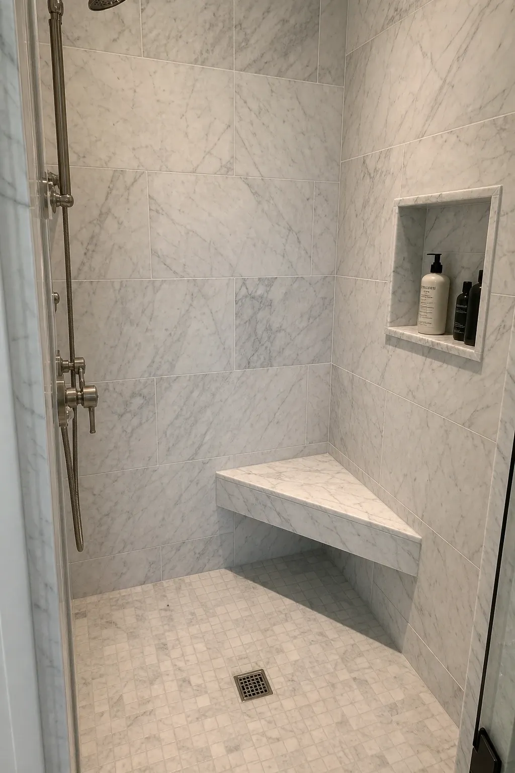 carrara marble with built-in seating