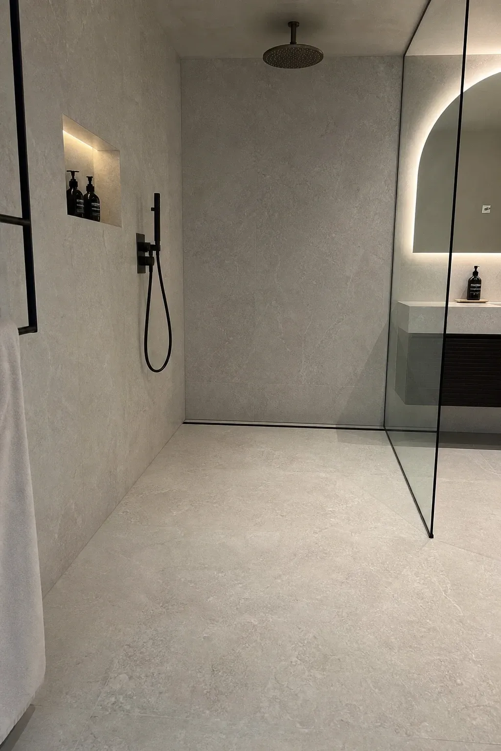 curbless wet room with linear drain