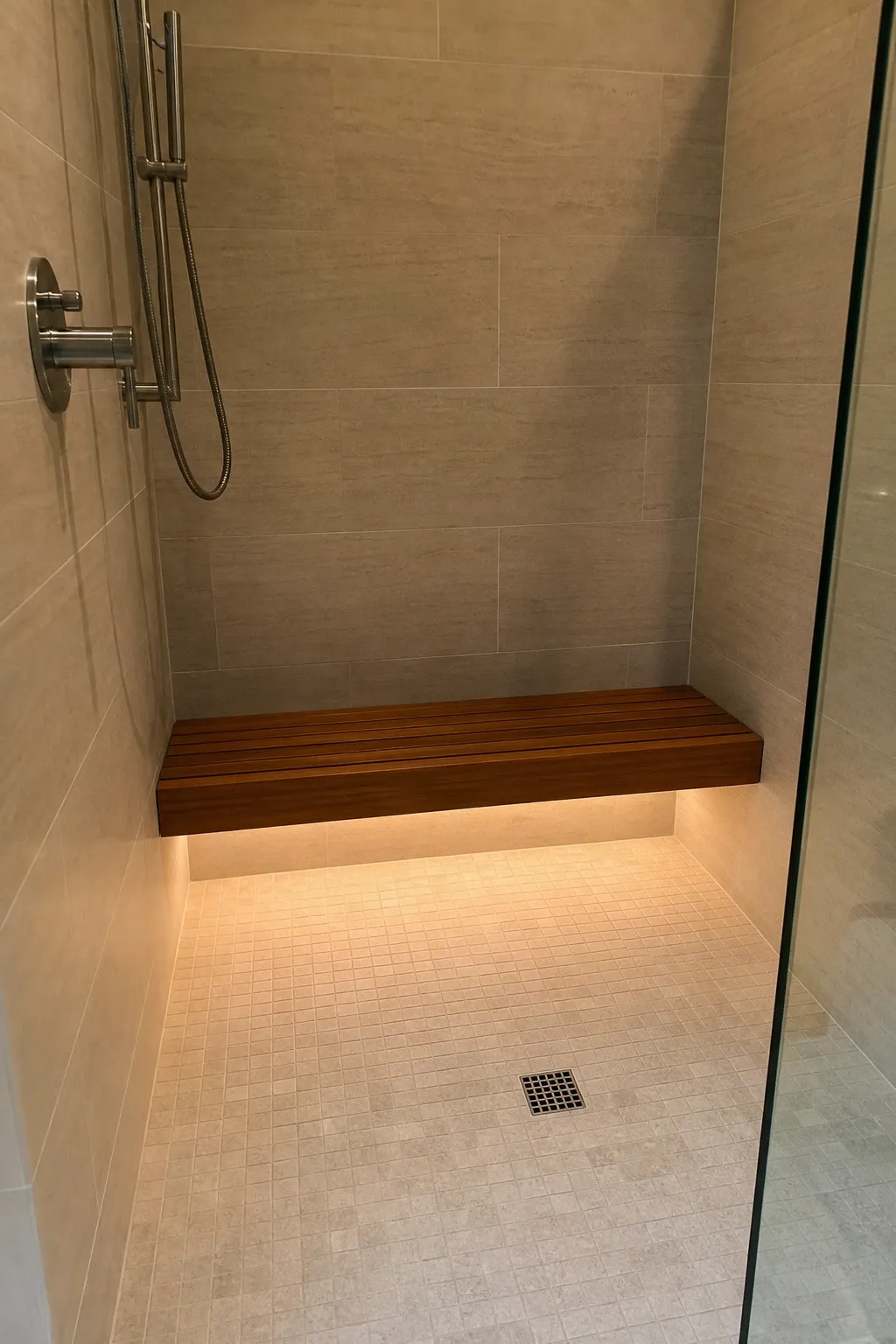 floating teak bench and led lighting