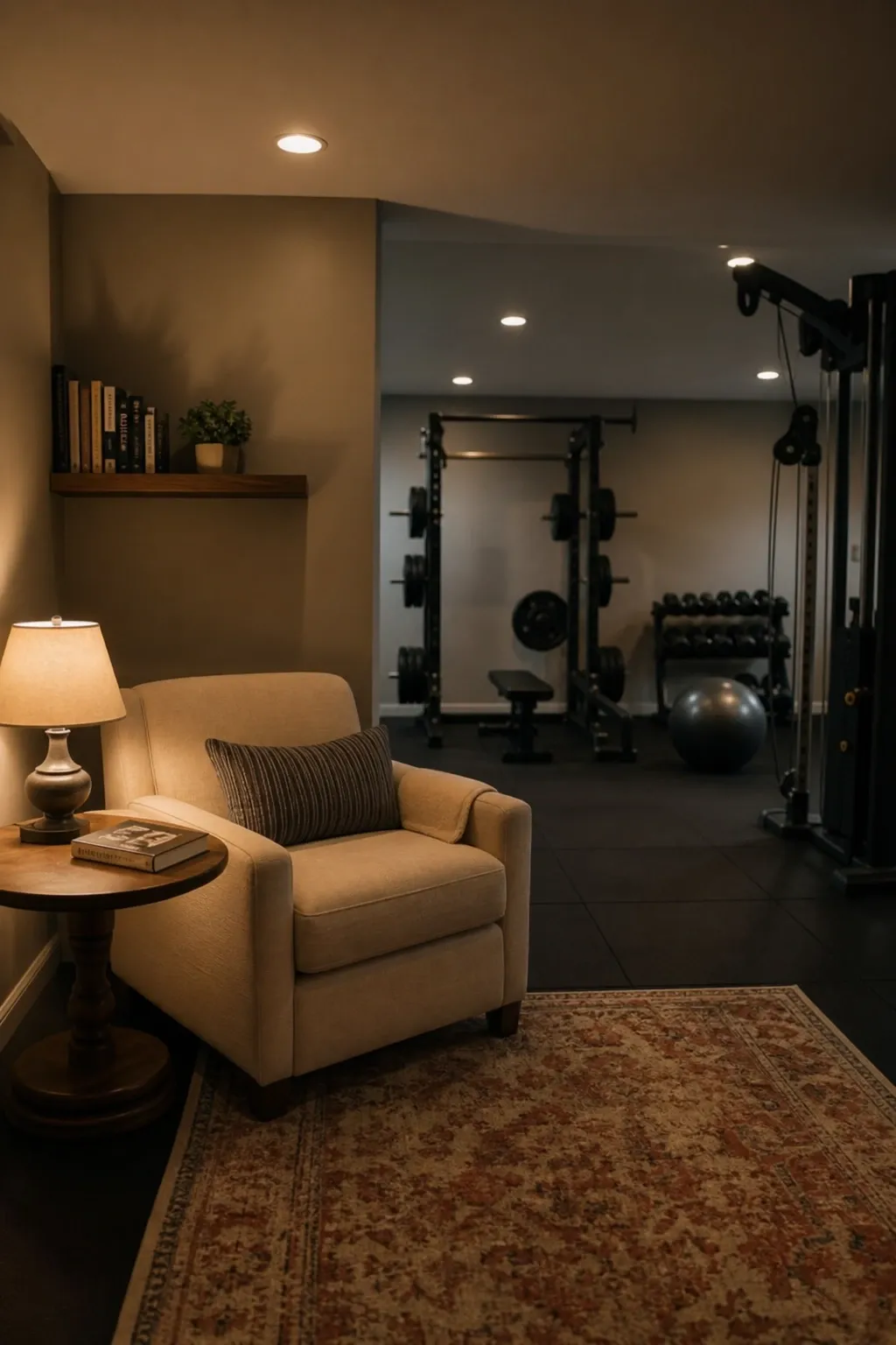 basement gym with a reading nook corner