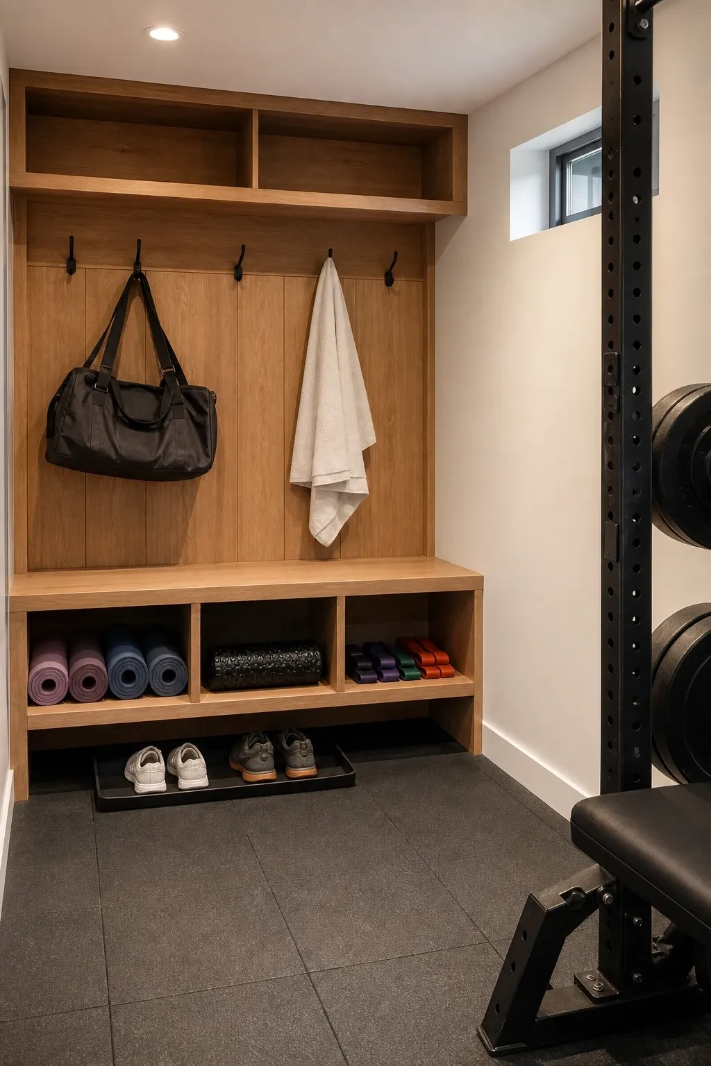 built-in storage bench with cubbies in a basement