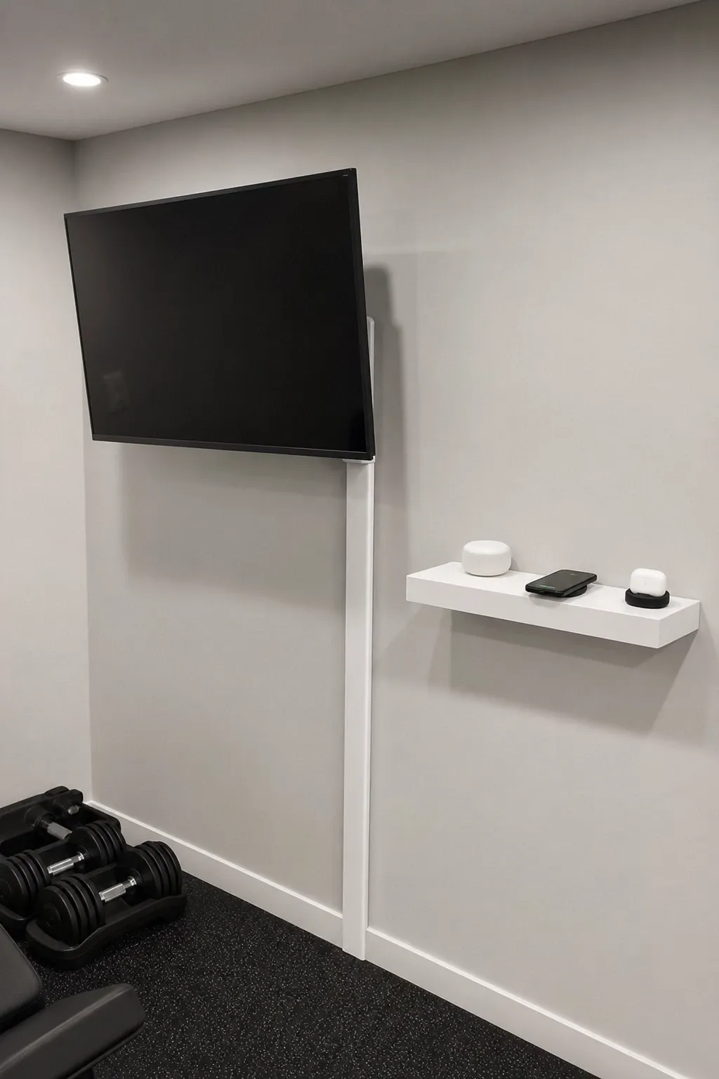cable management and tech setup in a basement
