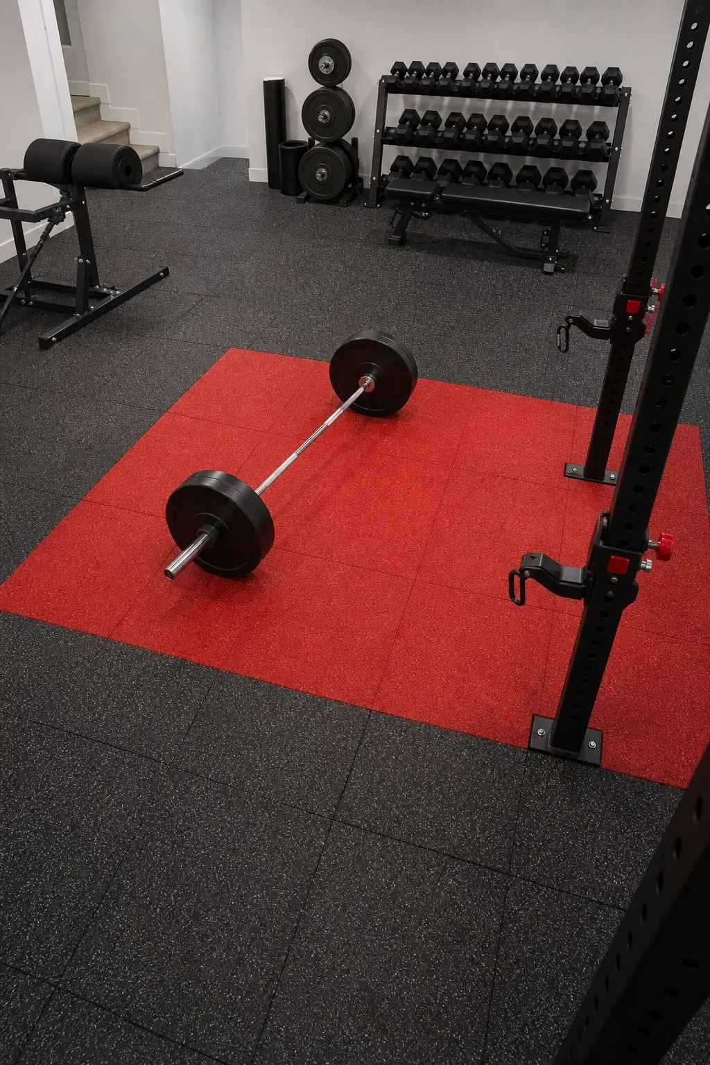 full rubber flooring with color zones in a basement