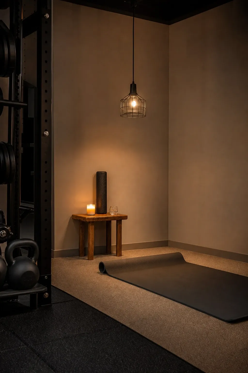 industrial pendant lighting over a stretching zone in a basement
