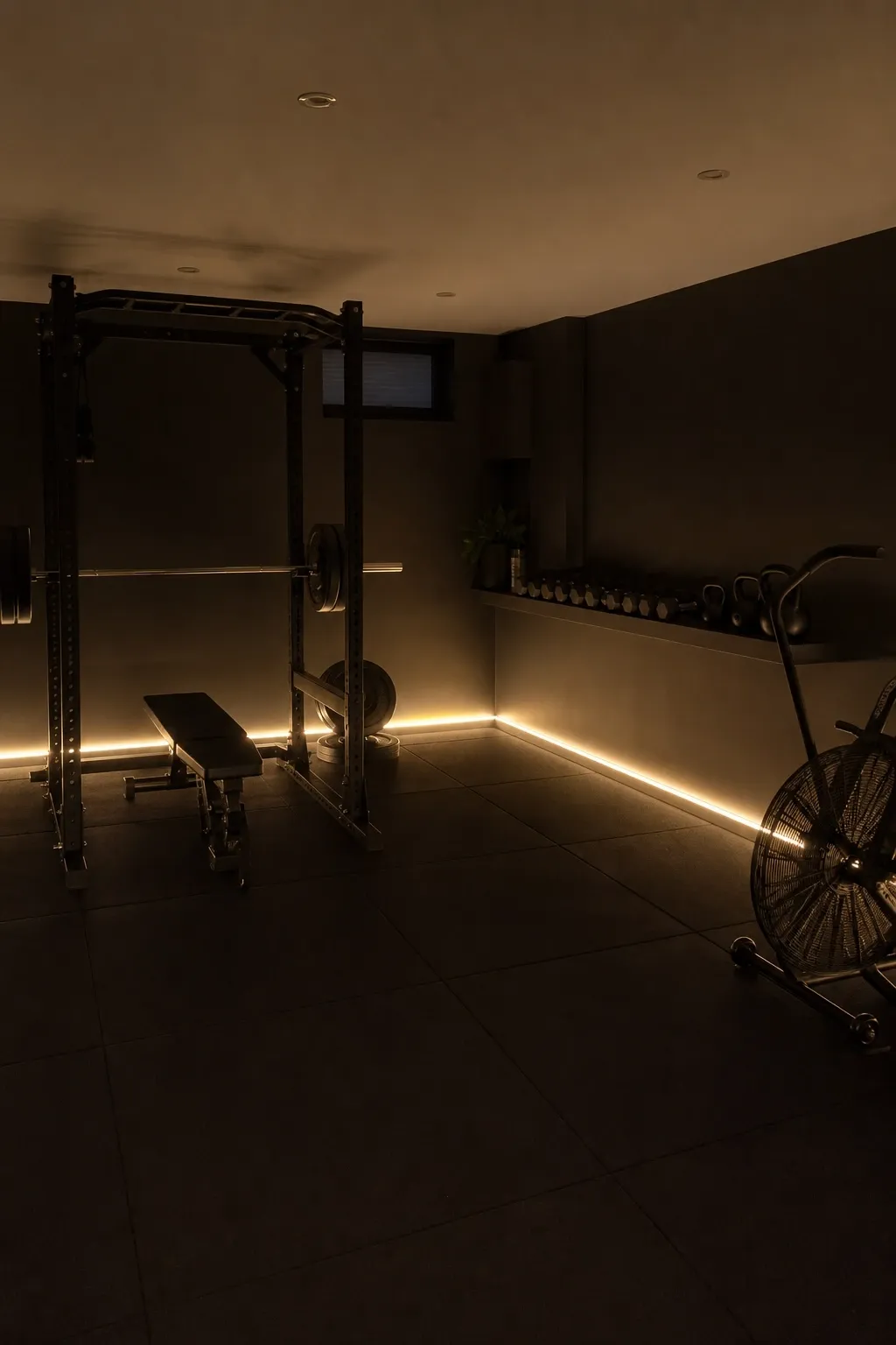 led strip lighting along the floor in a basement