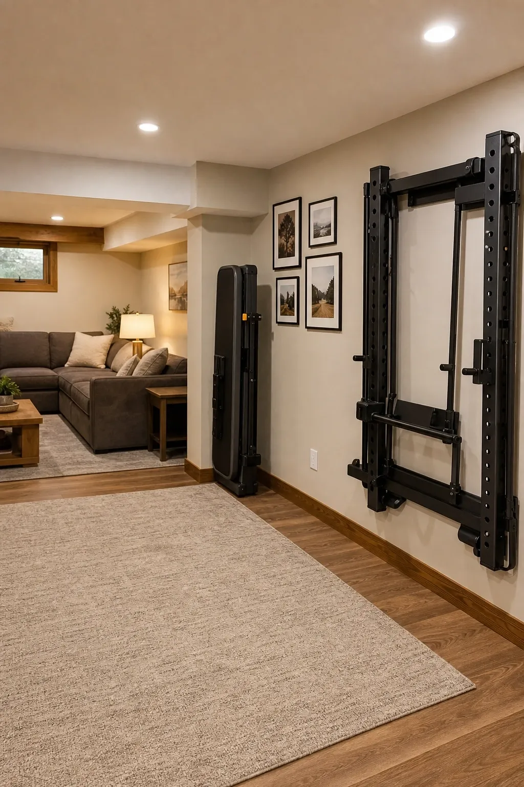 multi-purpose gym with folding equipment in a basement