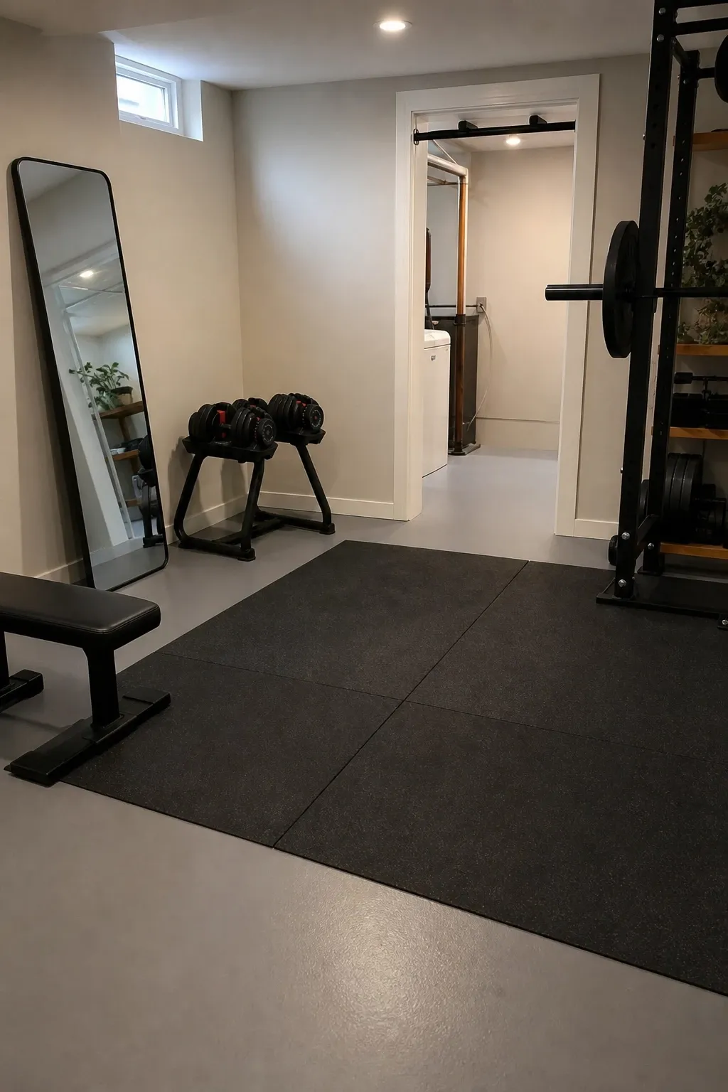 painted concrete floor gym in a basement