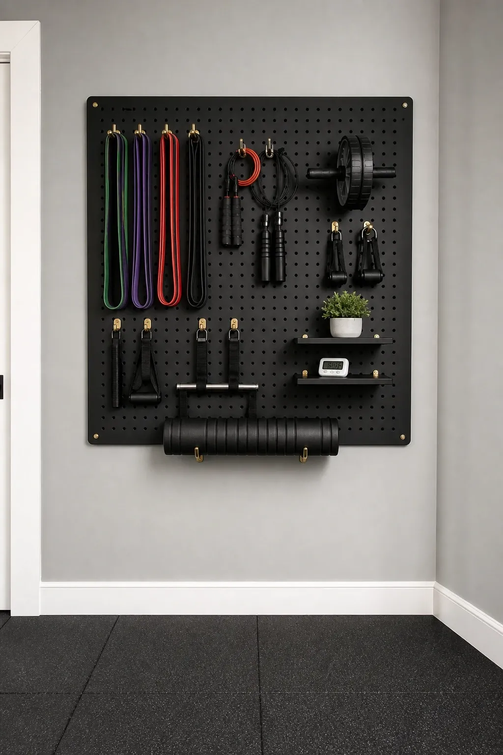 pegboard organization wall in a basement