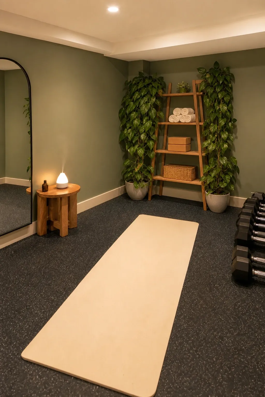 sage green wellness gym in a basement