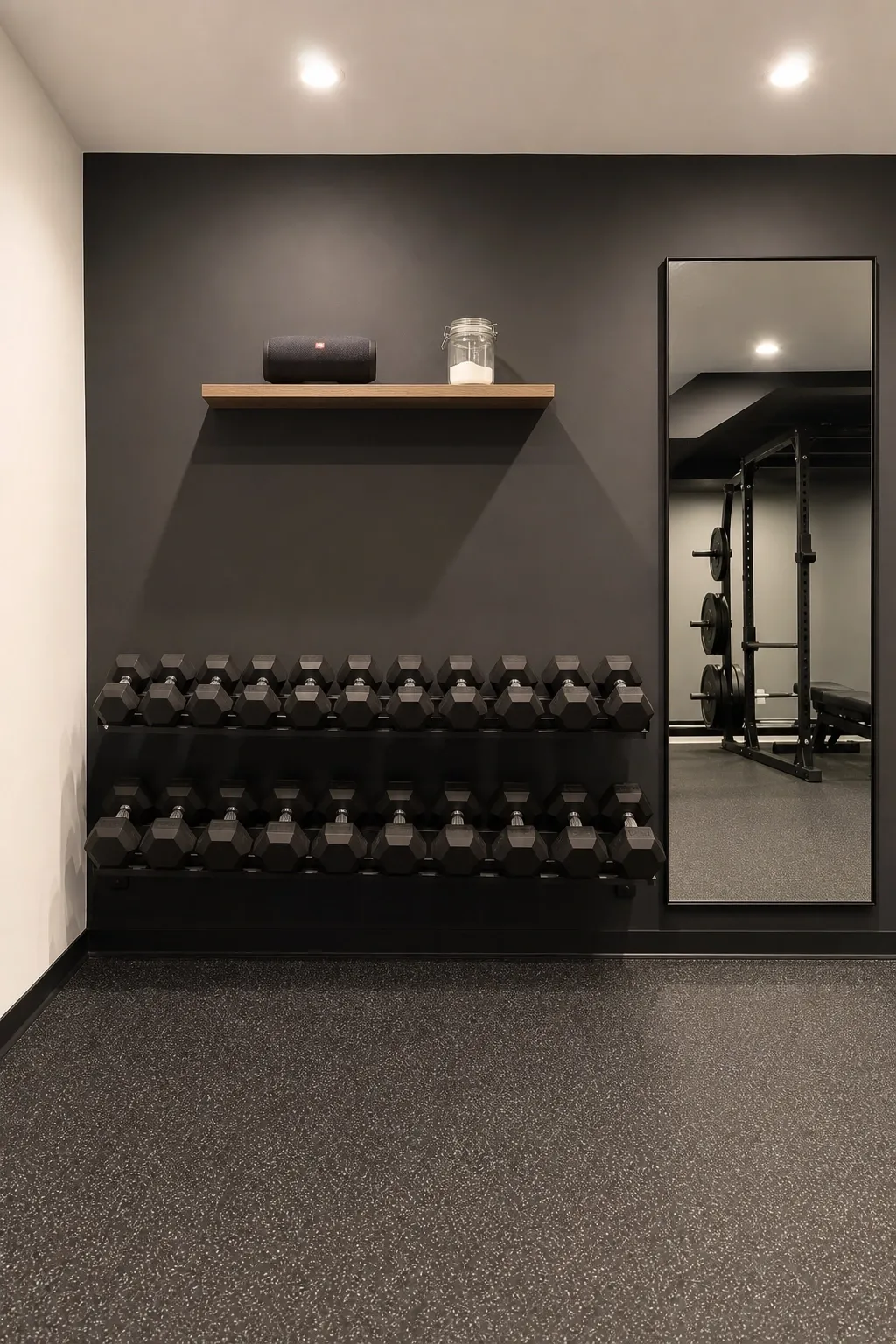 wall-mounted dumbbell display in a basement