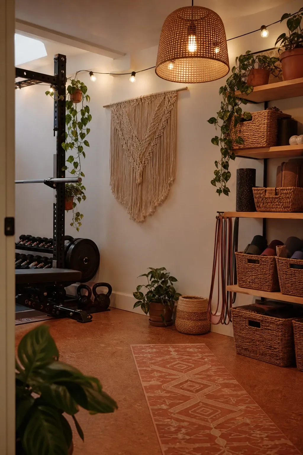 warm cream and terracotta boho gym in a basement