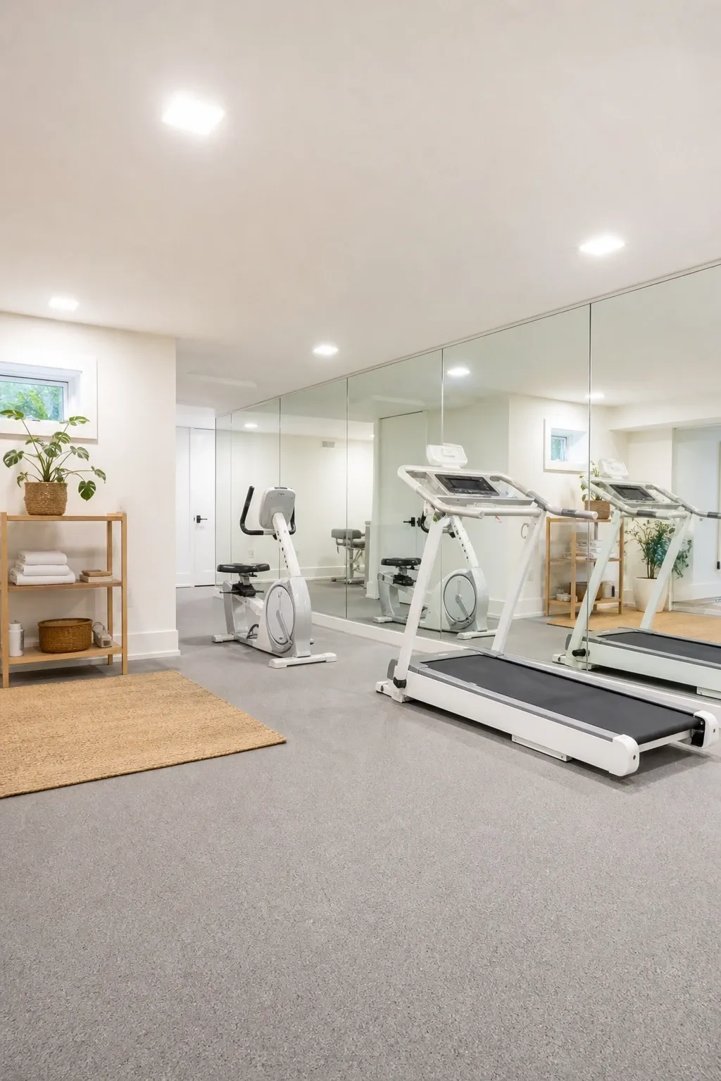 white and bright with mirrors everywhere in a basement