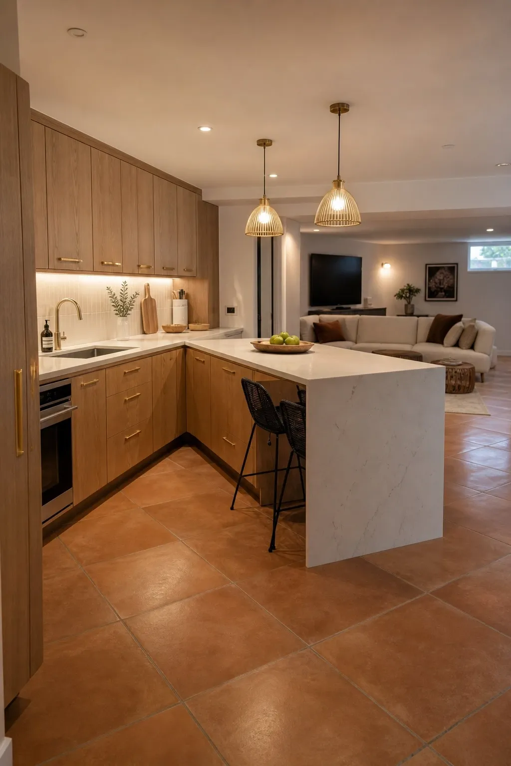 an l-shape that opens to the room in a kitchen