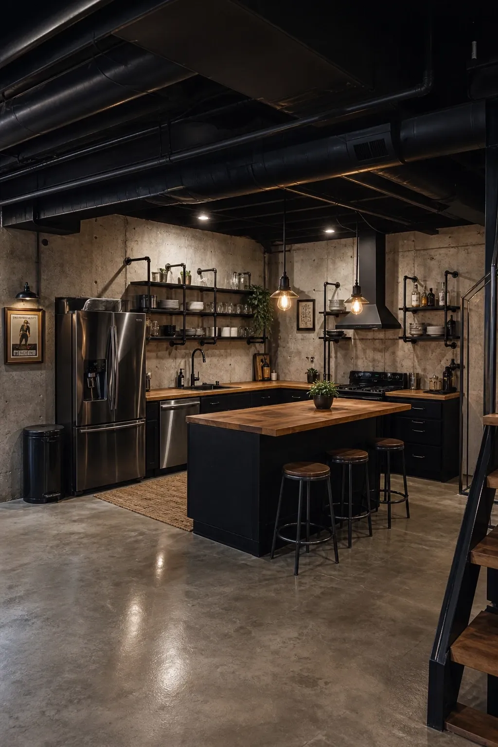 industrial basement kitchen