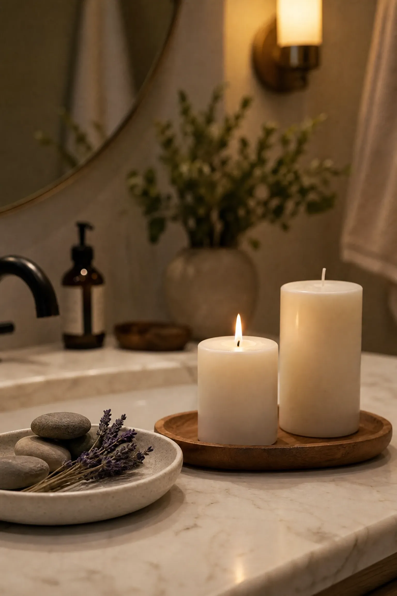 add a candle ritual to the vanity in a bathroom