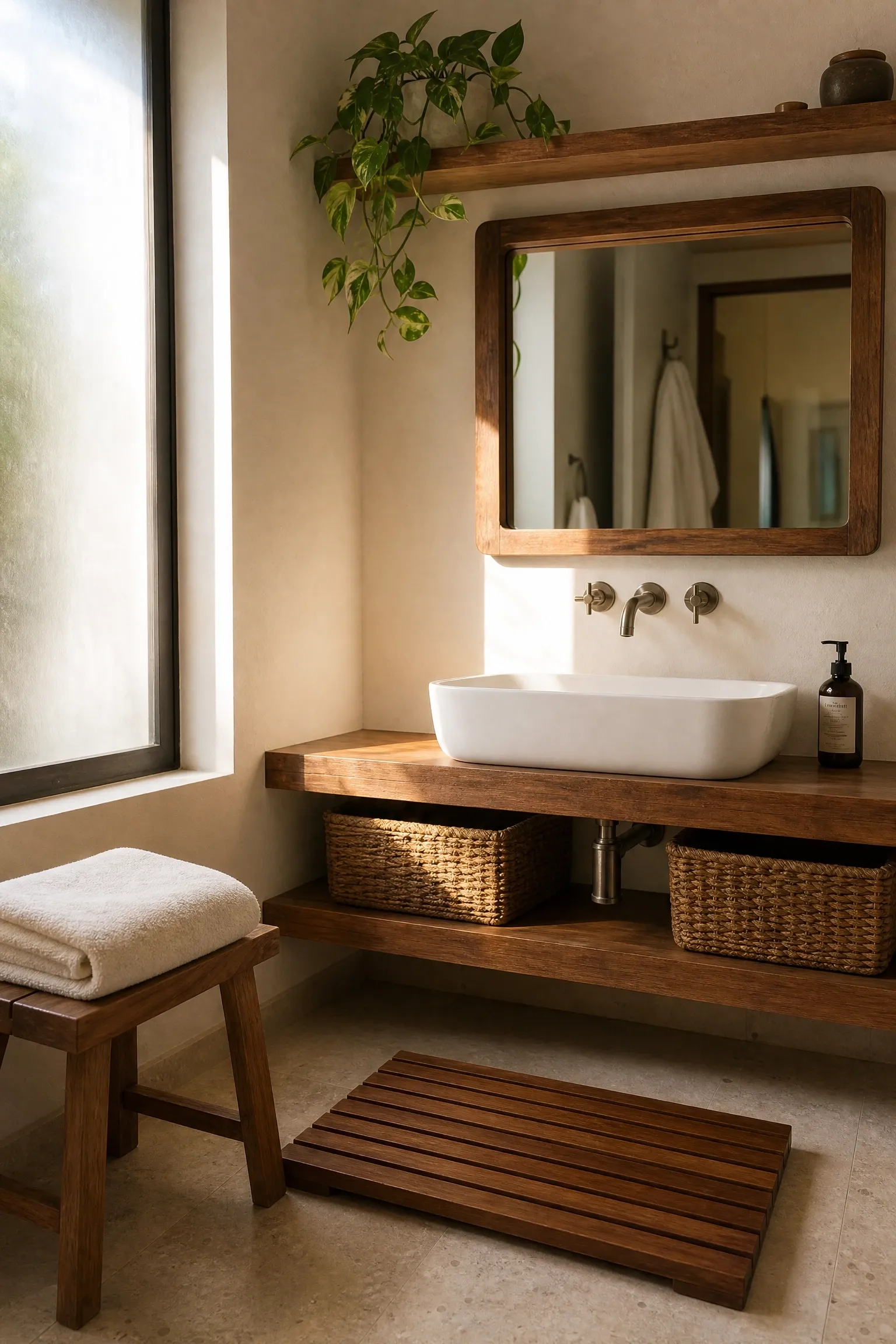 bring in natural wood accents in a bathroom