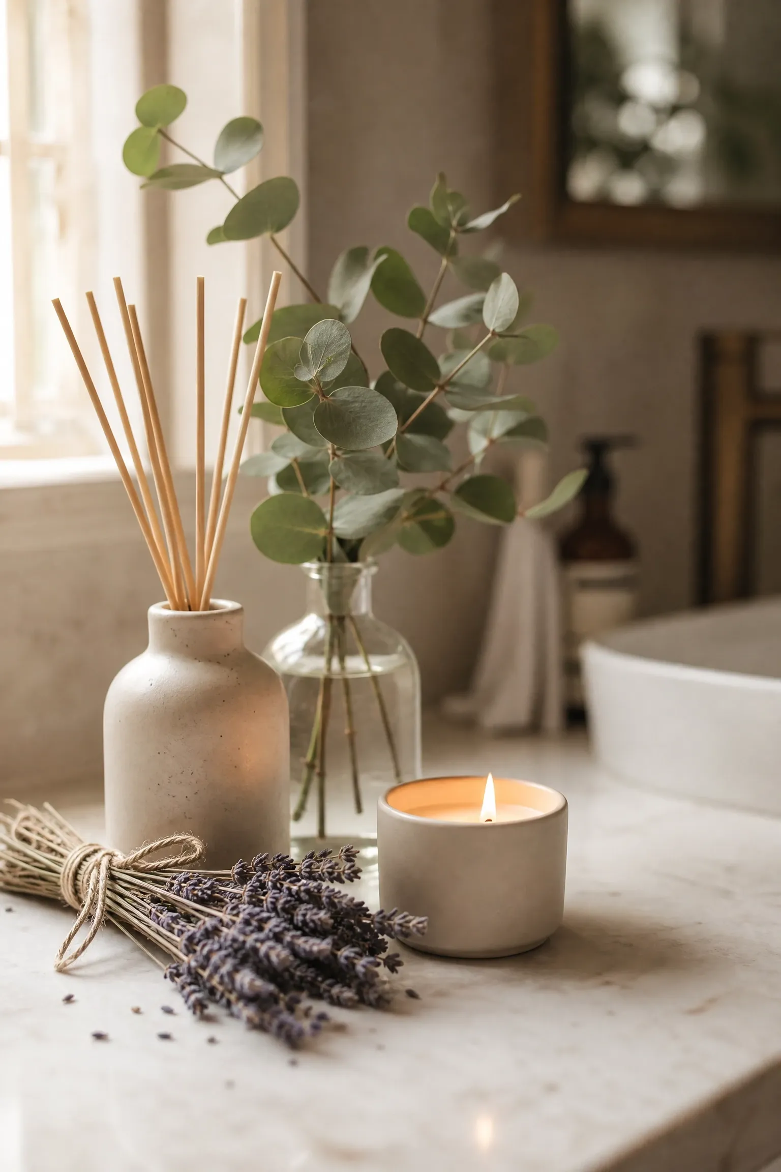 create a scent layer with diffusers and eucalyptus in a bathroom