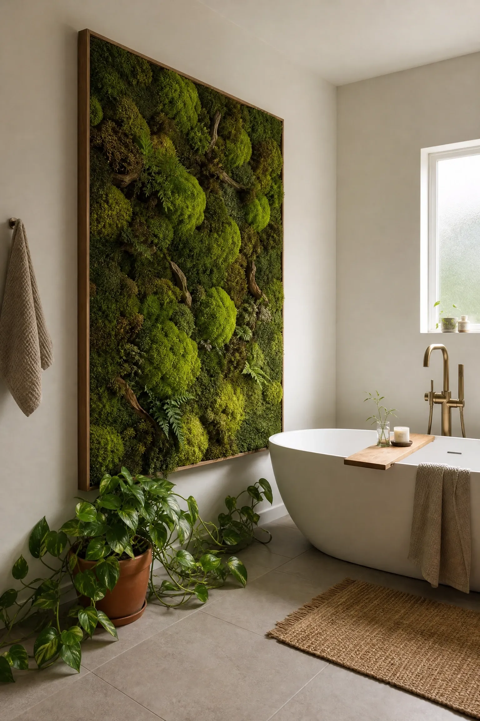introduce a living plant wall or statement greenery in a bathroom