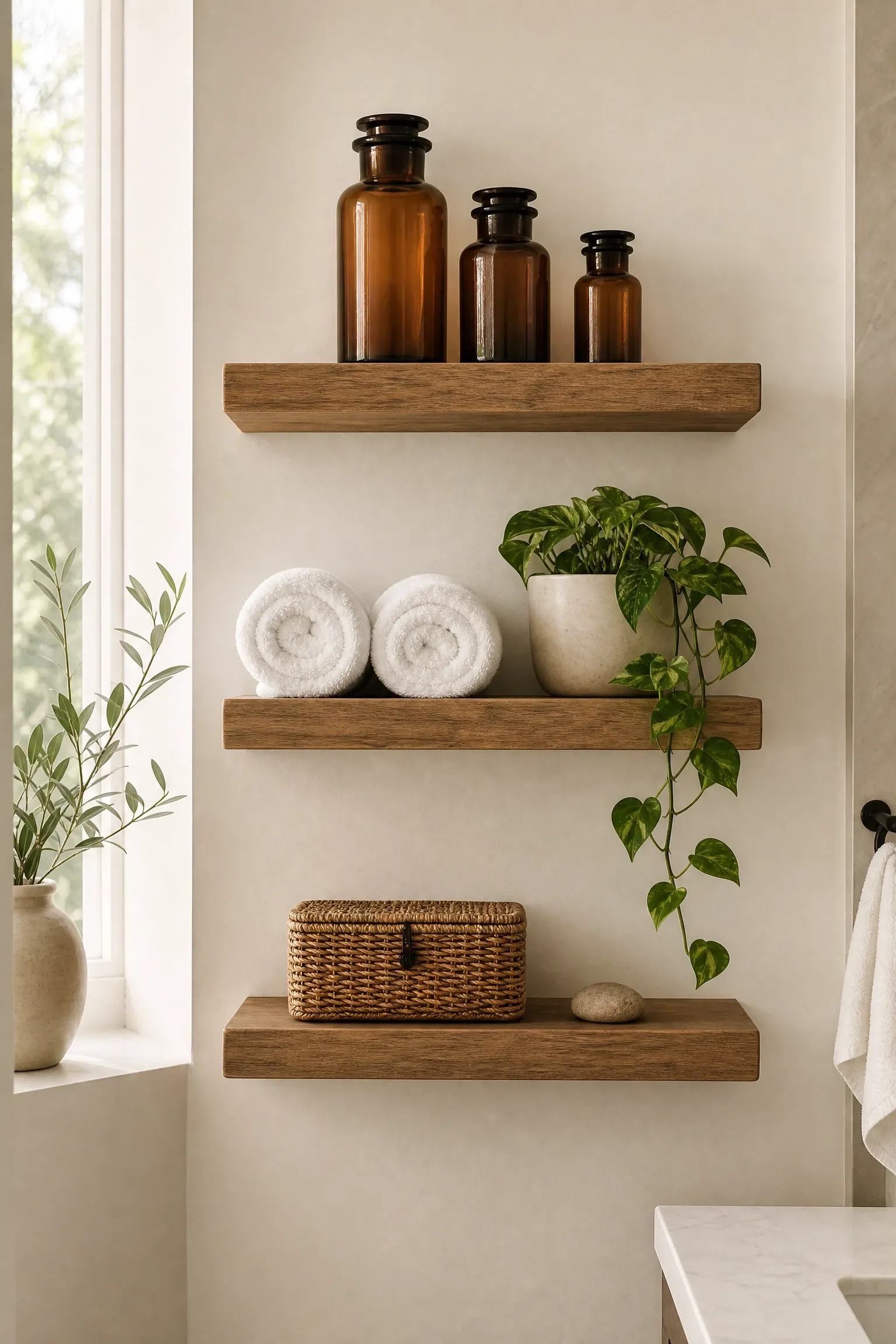 style your shelves like a product display in a bathroom
